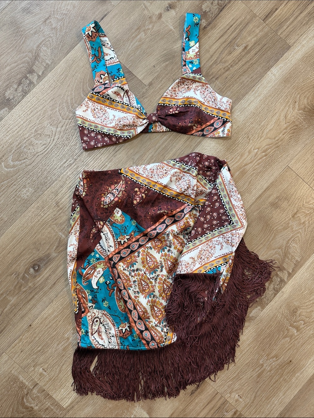 12th Tribe Two Piece Festival Set. Paisley Crop Top with Fringe Skirt